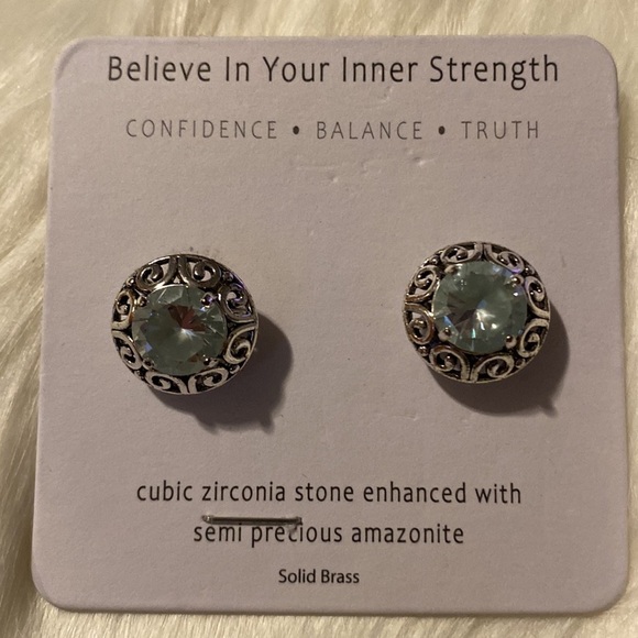 Cubic Zirconia Stone Enhanced With Semi Precious Amazonite Post Earrings (CS) - Picture 2 of 4